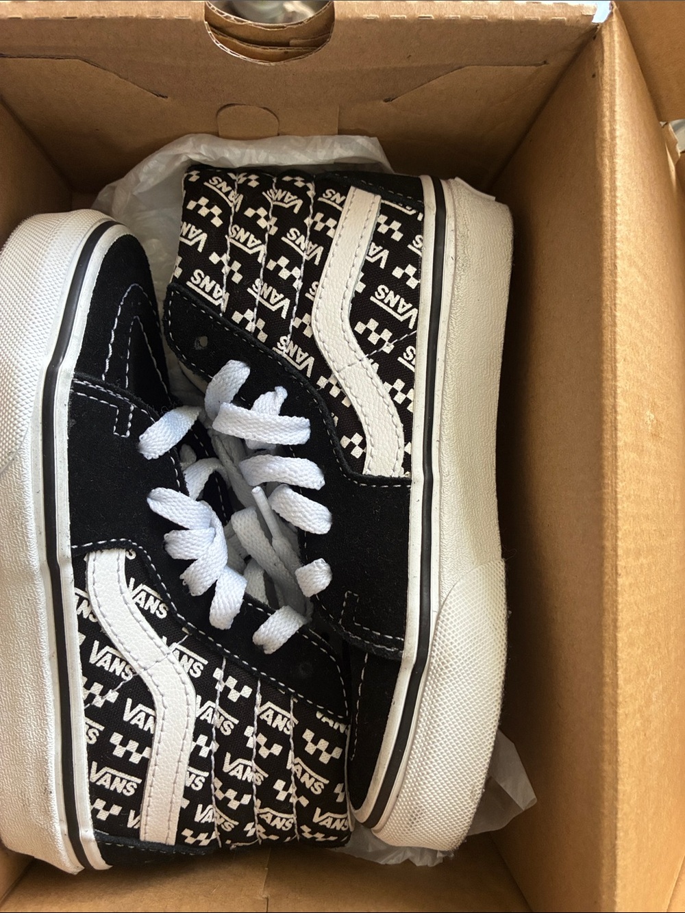 Vans Kids Black & White Checkerboard Logo High-Top Sneakers